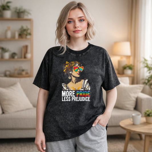 Wardrobecart Pride And Prejudice Inspired Woman With Rainbow Heart Sunglasses More Pride Less Prejudice Unisex Washed T-shirt