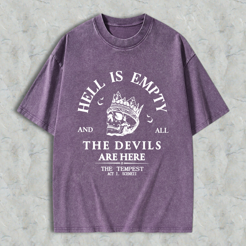 Wardrobecart Hell Is Empty And All The Devils Are Here Quote With Skull And Crown Design Unisex Washed T-shirt