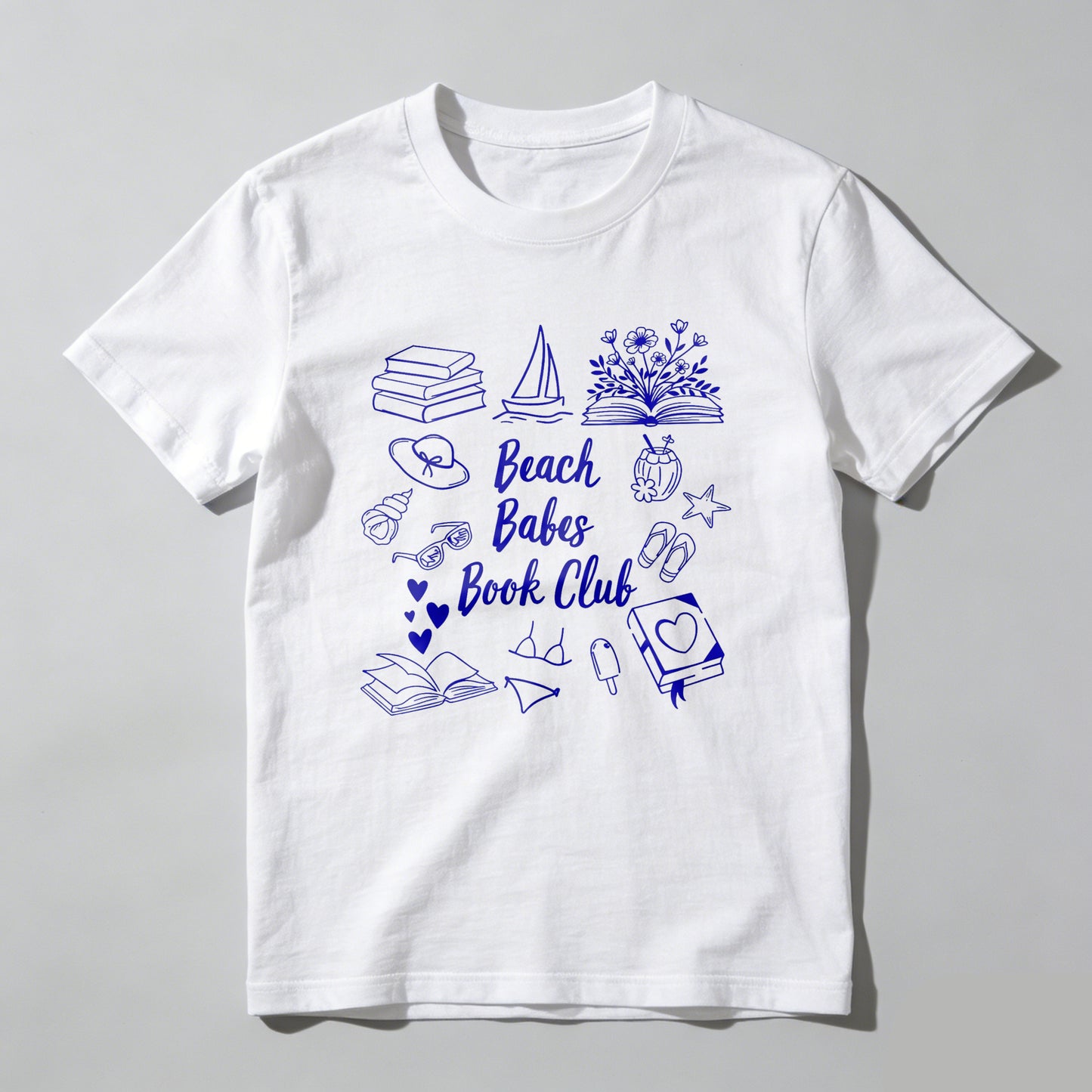 Wardrobecart Beach Babes Book Club Theme With Books And Beach Icons Unisex Classic T-shirt 100% cotton
