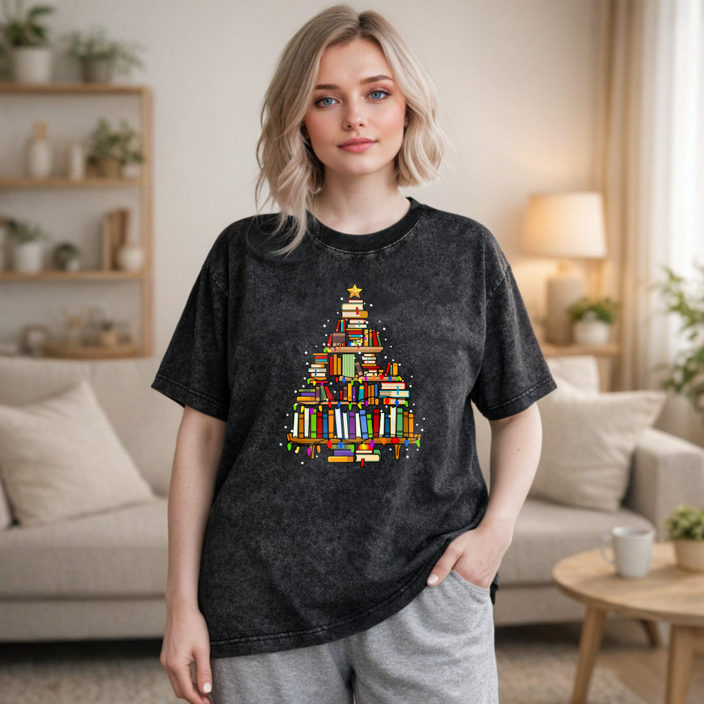 Wardrobecart Book Christmas Tree Unisex Washed T-shirt