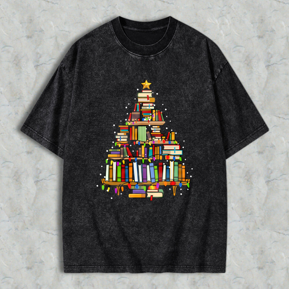 Wardrobecart Book Christmas Tree Unisex Washed T-shirt