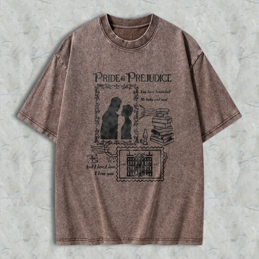 Wardrobecart Pride And Prejudice Quote With Couple Silhouette Books And Mansion Design Unisex Washed T-shirt