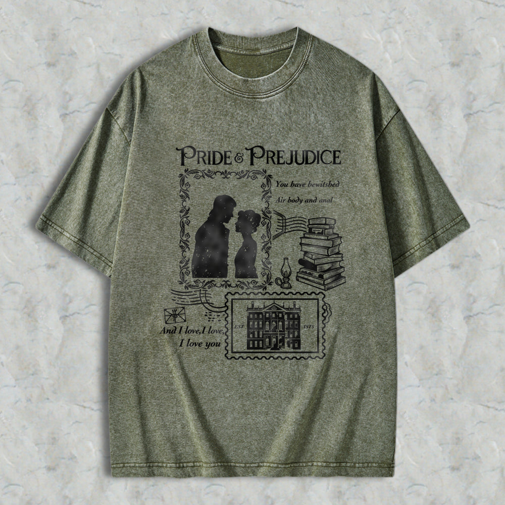 Wardrobecart Pride And Prejudice Literary Romance Quote With Couple Silhouette Books And Mansion Design Unisex Washed T-shirt