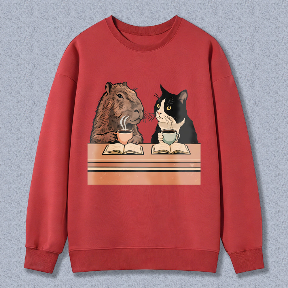 Wardrobecart Capybara And Cat Reading Books With Tea Unisex Classic Sweatshirt