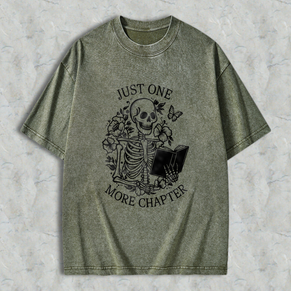 Wardrobecart Skeleton Reading Book With Flowers And Butterflies Just One More Chapter Unisex Washed T-shirt