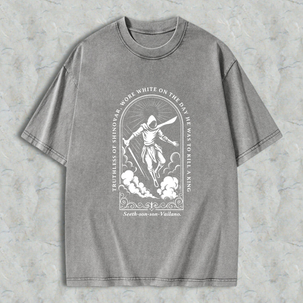 Wardrobecart Reaper With Sword And Scythe Standing On Clouds In Arch Design With Quote Truthless Of Sinovar Wore White On The Day He Was To Kill A King Seeth Son Son Vailano Unisex Washed T-shirt