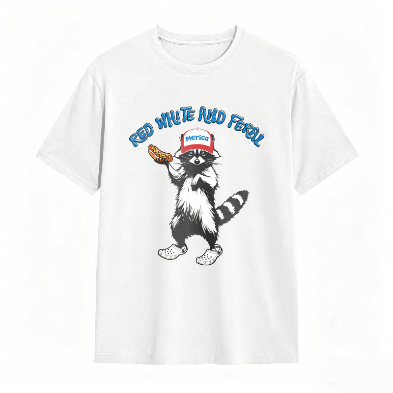 USA Red White Feral Racoon Vintage Hot Dog Party America Patriotic Racoon Tshirt