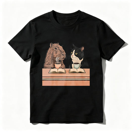 Wardrobecart Capybara And Cat Reading Books With Tea Unisex Classic T-shirt