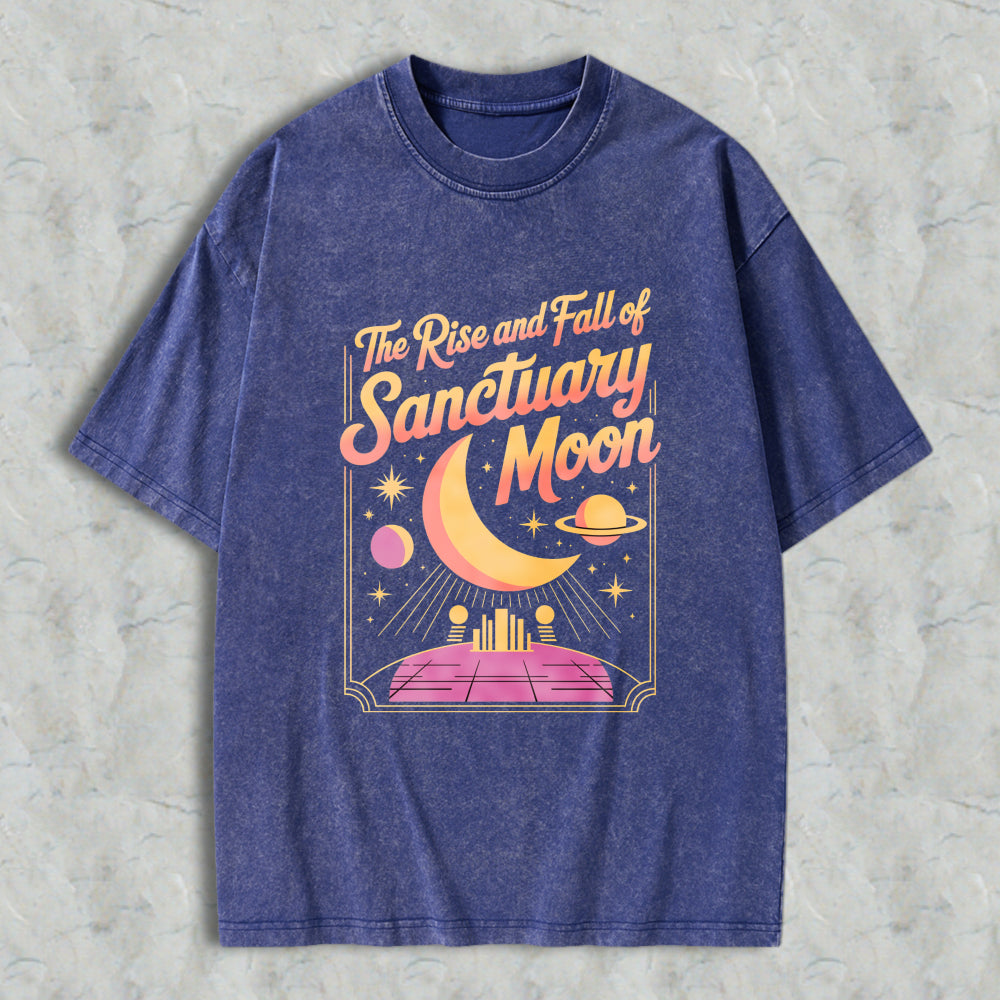 Wardrobecart The Rise And Fall Of Sanctuary Moon Cosmic Scene With Crescent Moon Planets And Futuristic Platform Unisex Washed T-shirt