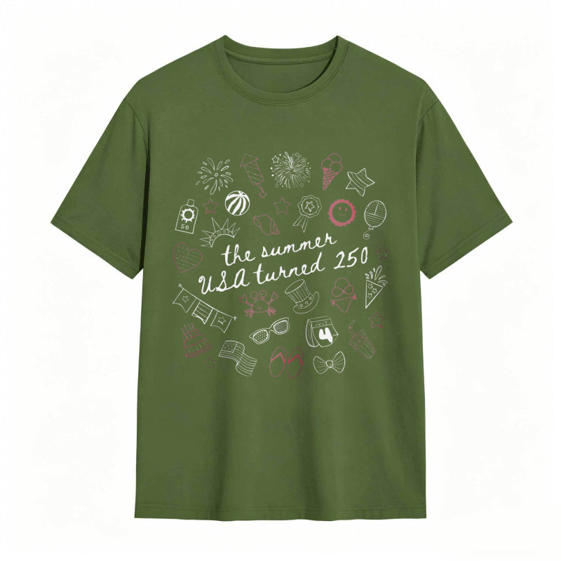 Summer Usa 250th Anniversary Celebration With Icons And Text T-shirt