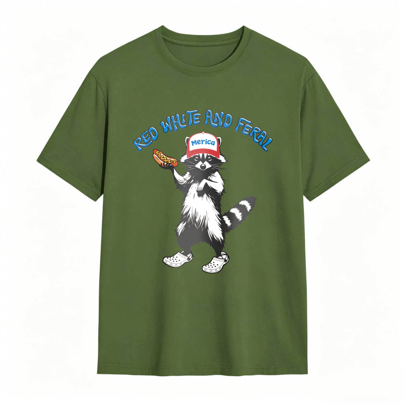 USA Red White Feral Racoon Vintage Hot Dog Party America Patriotic Racoon Tshirt