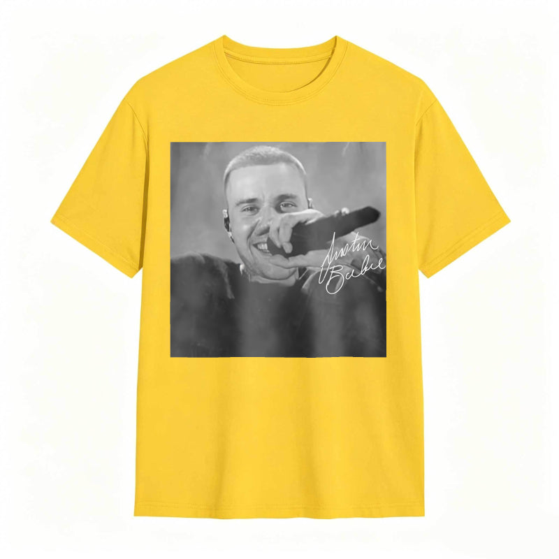 Justin Bieber Singing With Microphone Signature tshirt 100% cotton