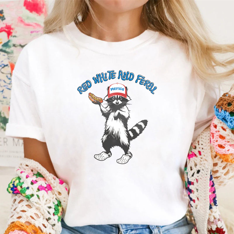 USA Red White Feral Racoon Vintage Hot Dog Party America Patriotic Racoon Tshirt