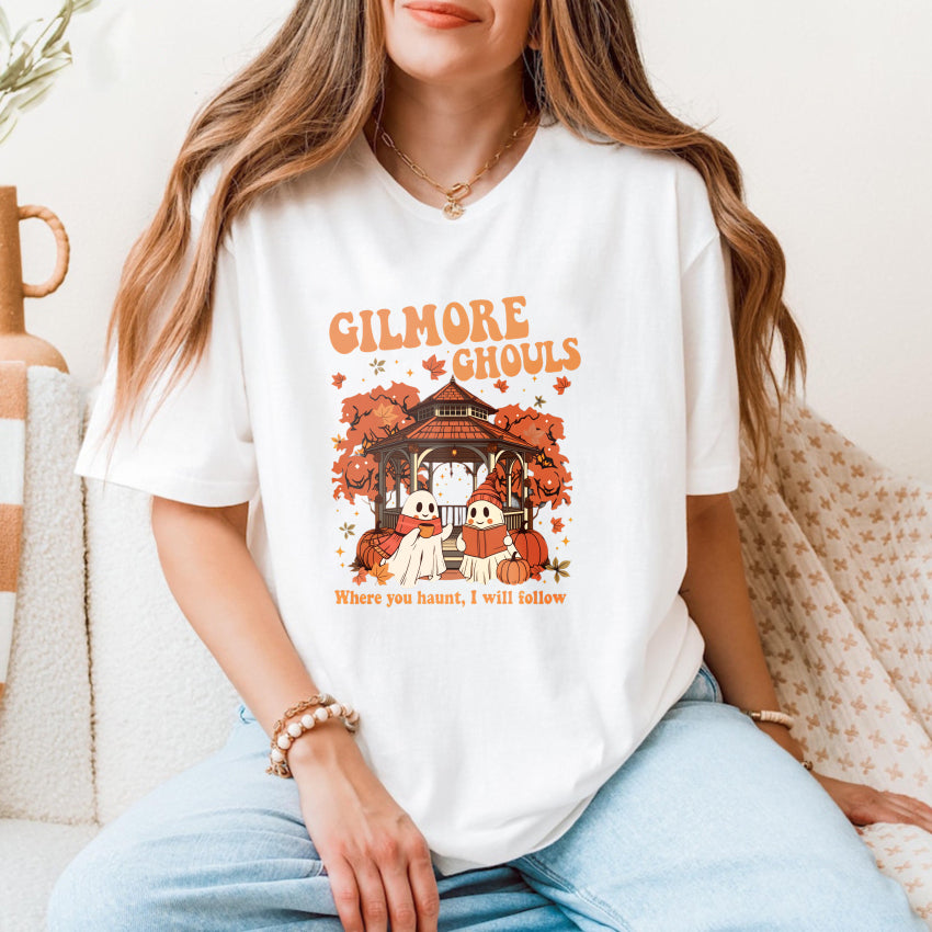 Wardrobecart Gilmore Ghouls Halloween Ghosts Pumpkin Gazebo Autumn Leaves Unisex Classic T-shirt