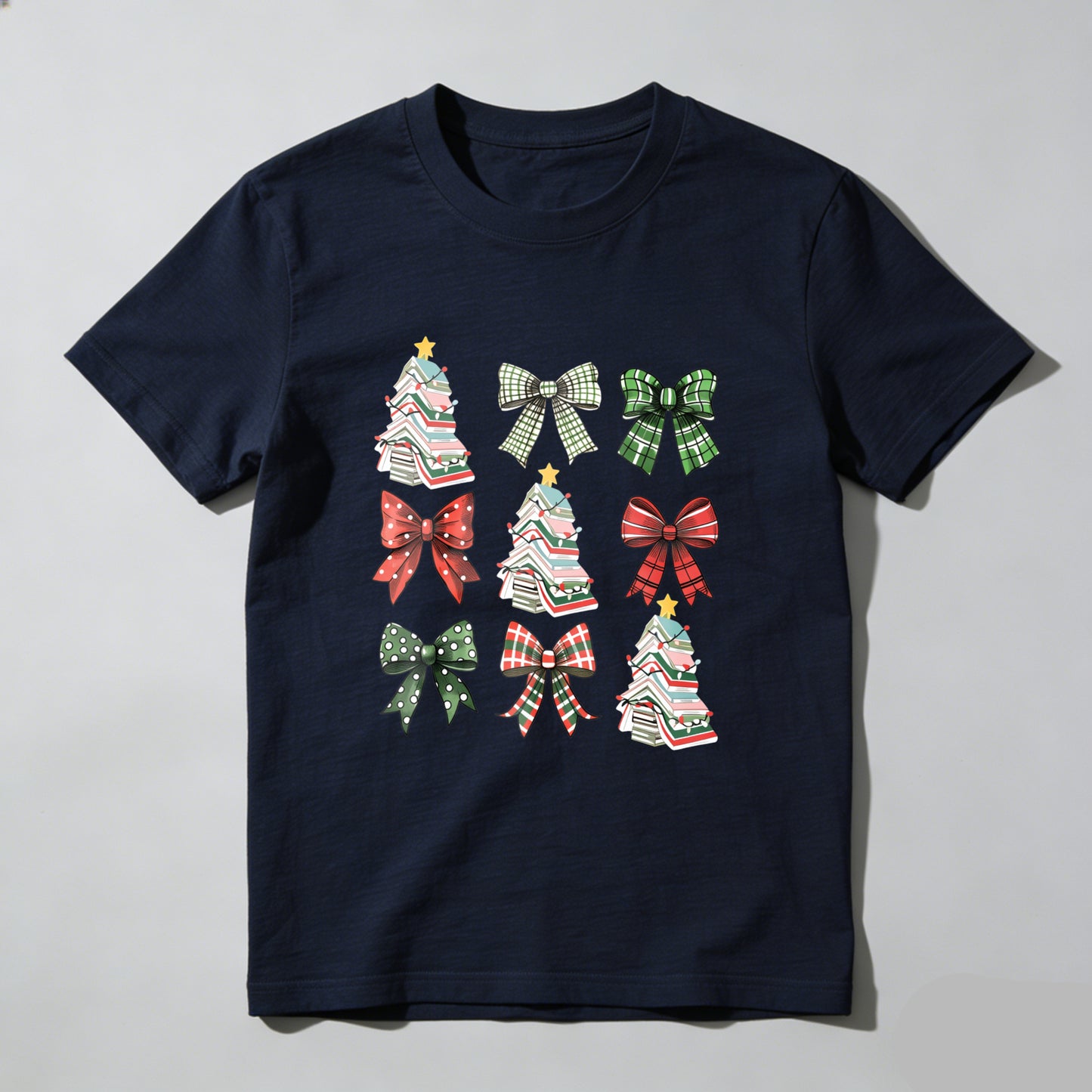 Wardrobecart Christmas Trees And Plaid Bows Pattern Unisex Classic T-shirt