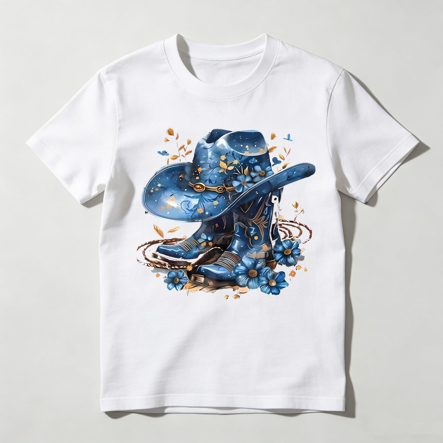 Western Hat And Boots With Blue Flowers T-shirt