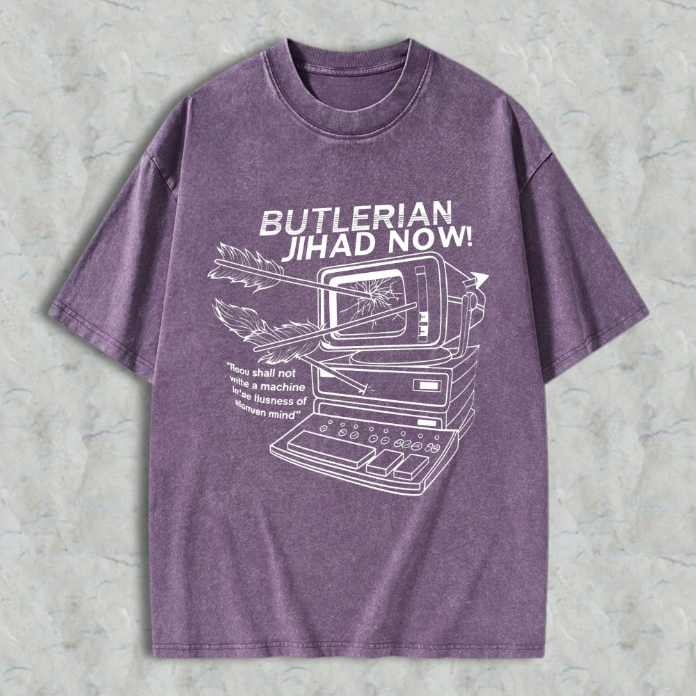 Wardrobecart Butlerian Jihad Now Computer With Arrow Through Screen And Quote Unisex Washed T-shirt