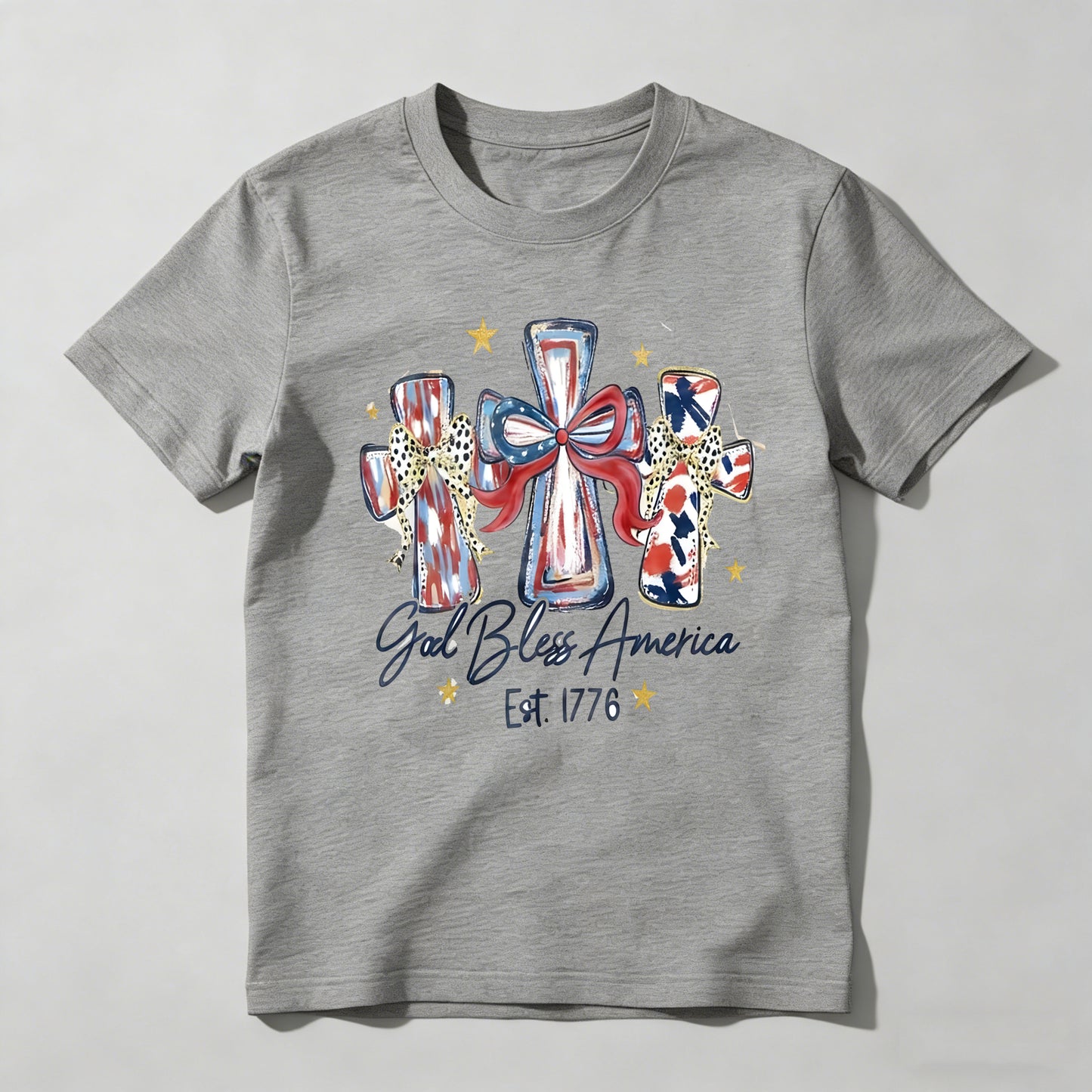 Patriotic Crosses With American Flag Design And God Bless America Text T-shirt
