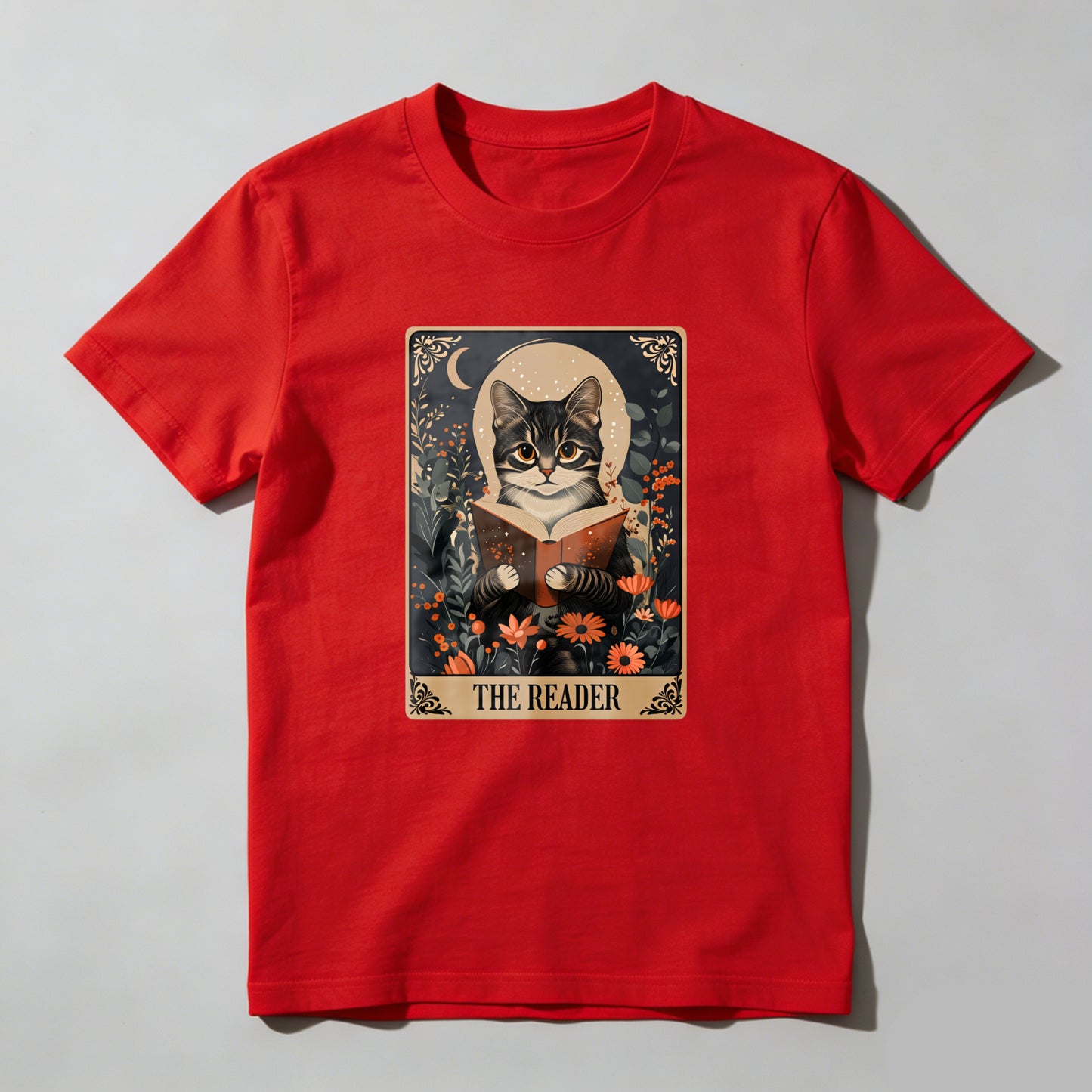 Wardrobecart Cat Reading Book Floral Moon Design Unisex Classic T-shirt