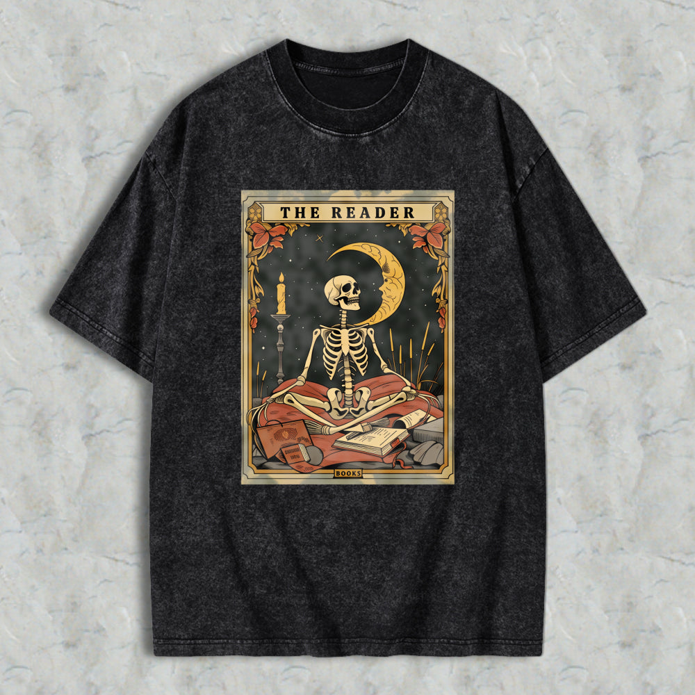 Wardrobecart Skeleton Reading Book Under Moonlight With Candle And Tarot Cards The Reader Unisex Washed T-shirt