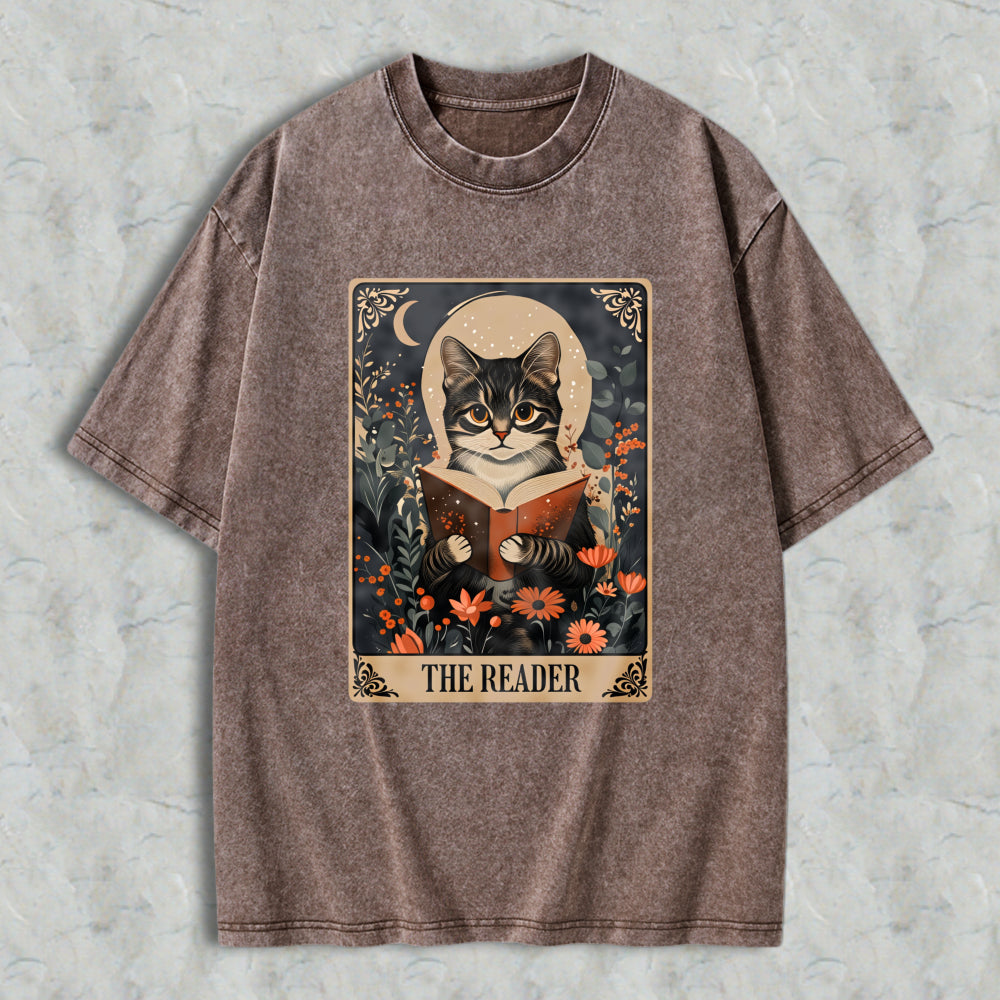 Wardrobecart Cat Reading Book With Floral Background And Moon The Reader Unisex Washed T-shirt