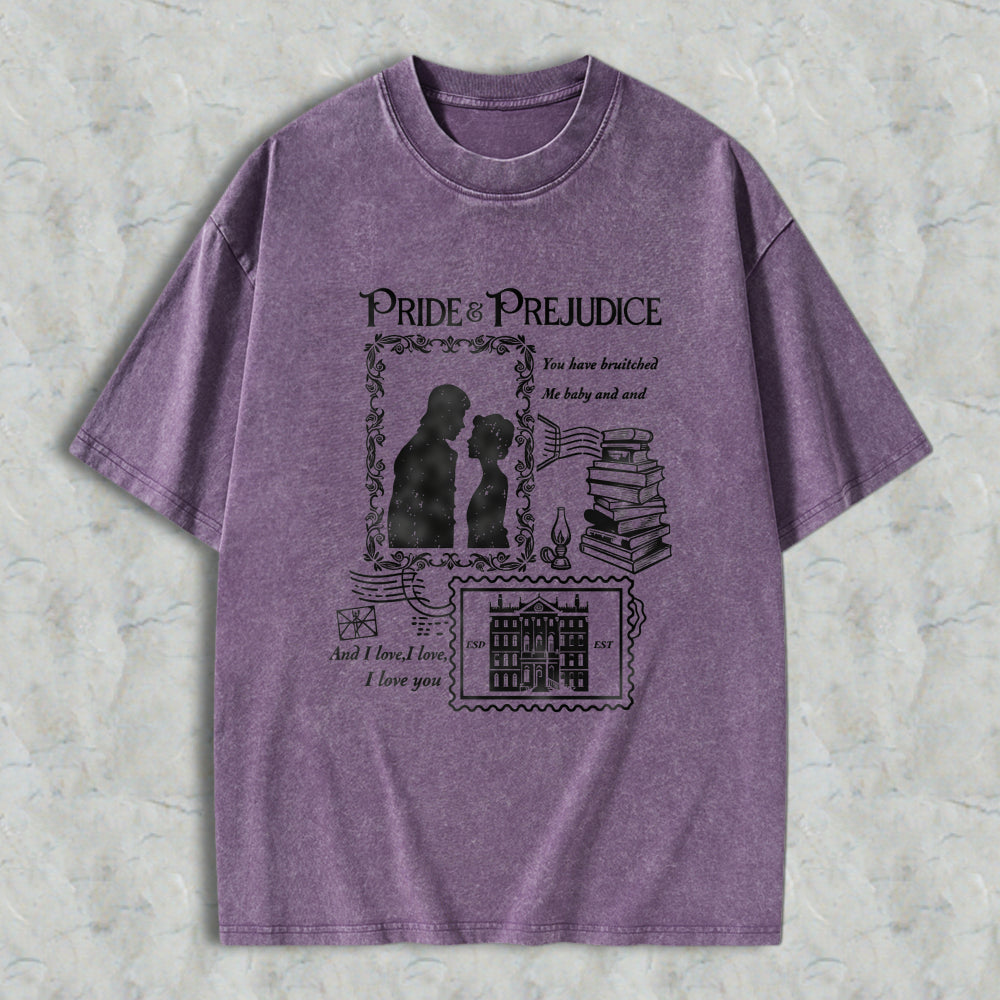 Wardrobecart Pride And Prejudice Quote With Couple Silhouette Books And Mansion Design Unisex Washed T-shirt