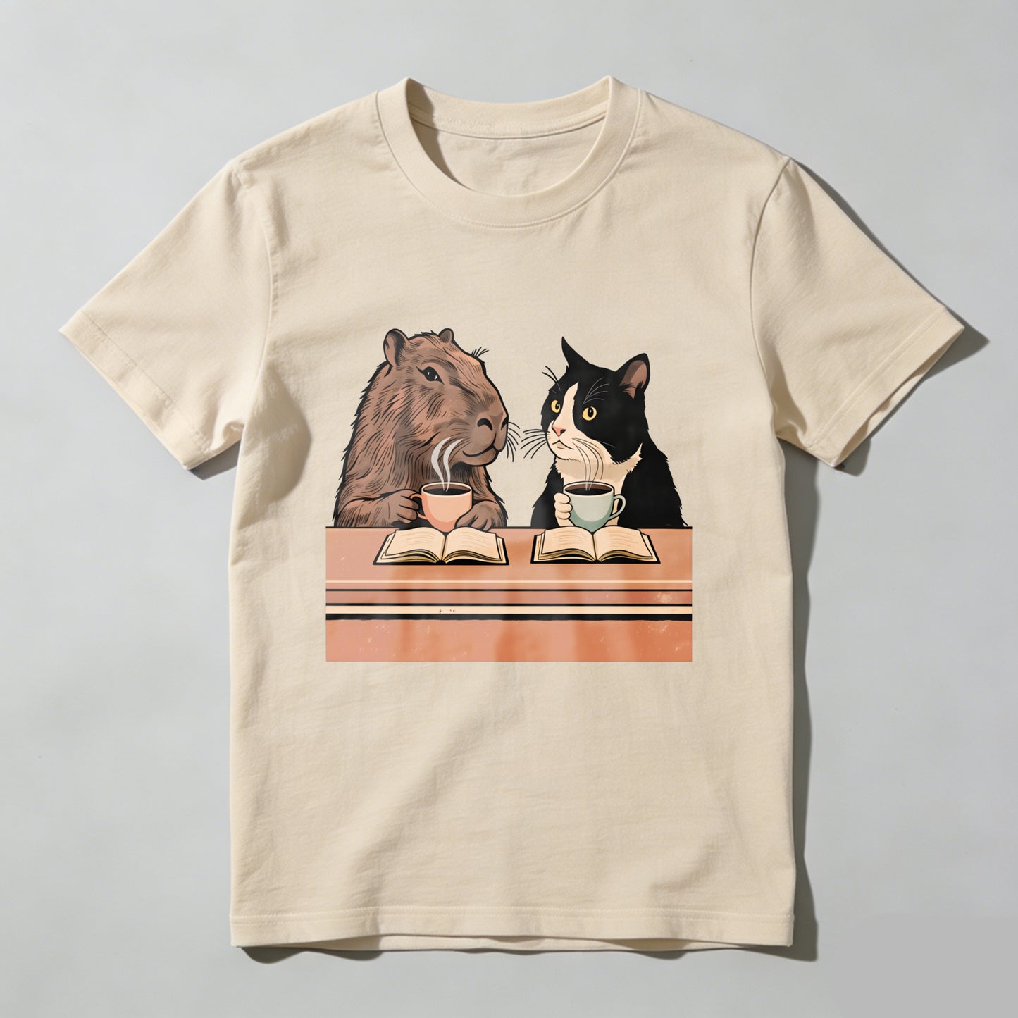 Wardrobecart Capybara And Cat Reading Books With Tea Unisex Classic T-shirt