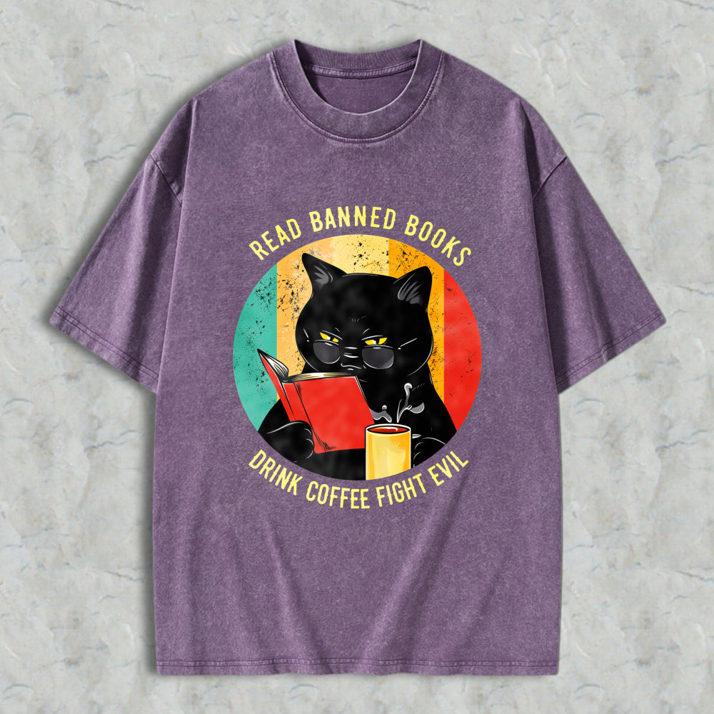 Wardrobecart Cat Reading Book With Coffee And Banned Books Text Unisex Washed T-shirt