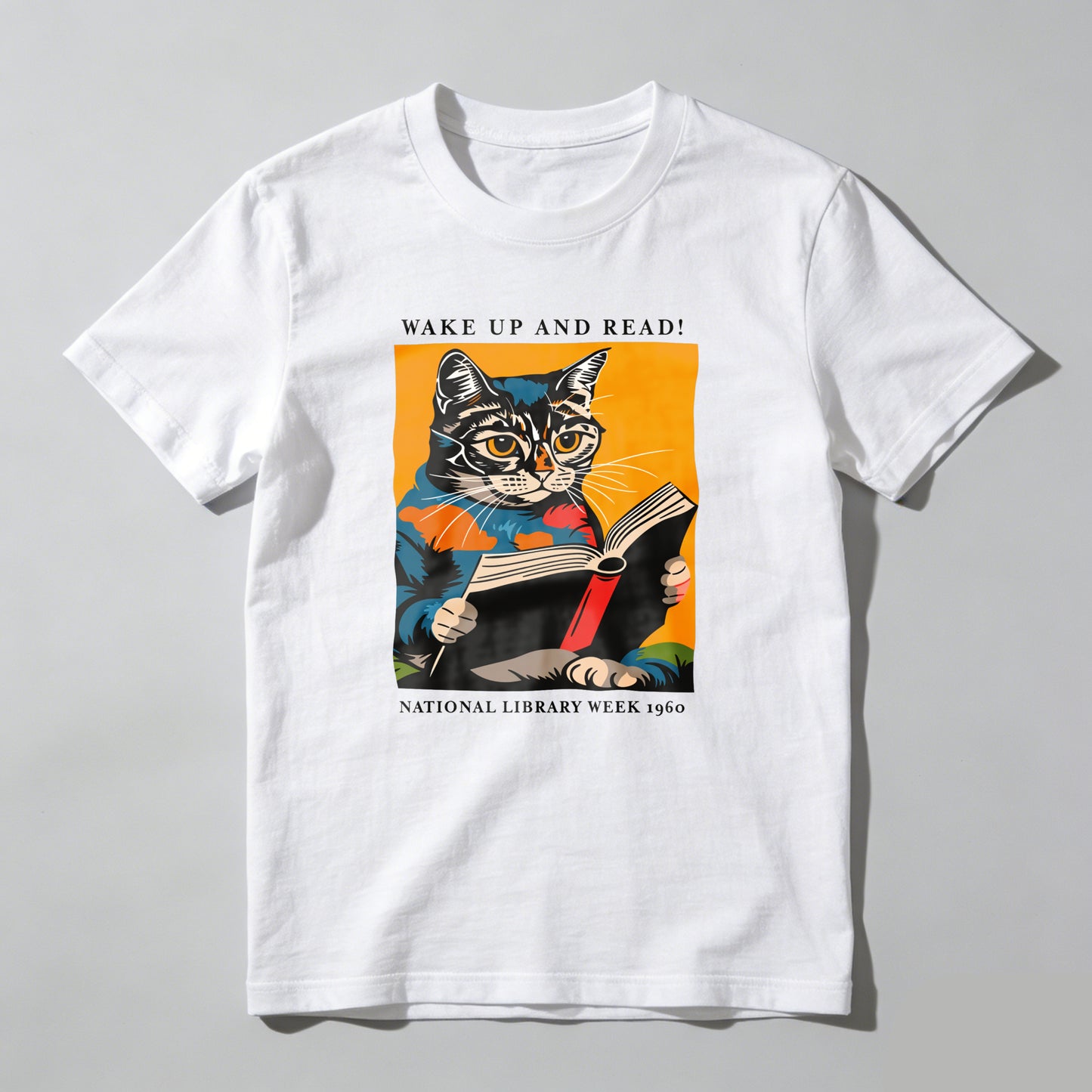 Wardrobecart Cat Reading Book With Text Wake Up And Read National Library Week 1960 Unisex Classic T-shirt 100% cotton