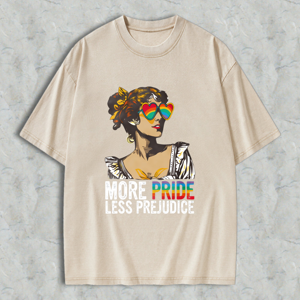 Wardrobecart Pride And Prejudice Inspired Woman With Rainbow Heart Sunglasses More Pride Less Prejudice Unisex Washed T-shirt
