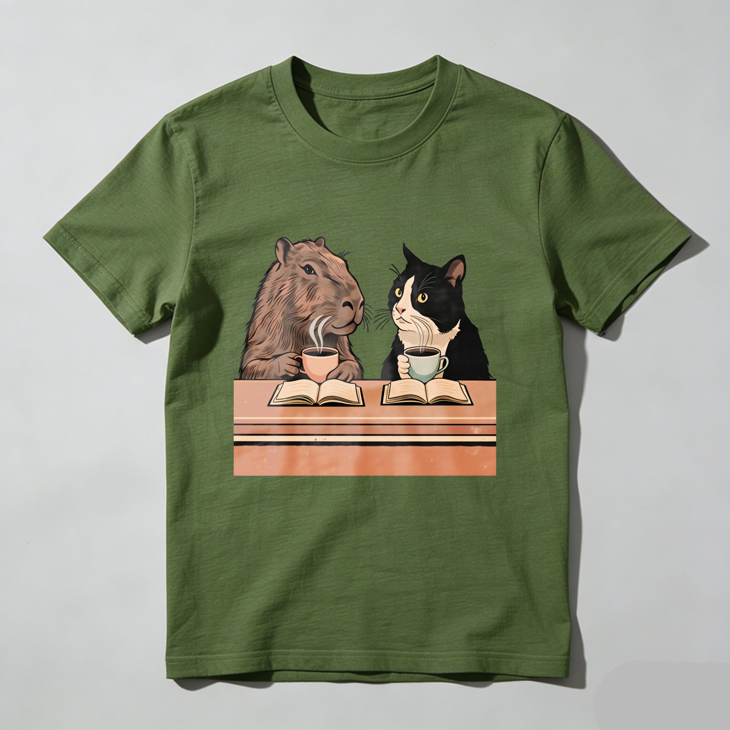 Wardrobecart Capybara And Cat Reading Books With Tea Unisex Classic T-shirt
