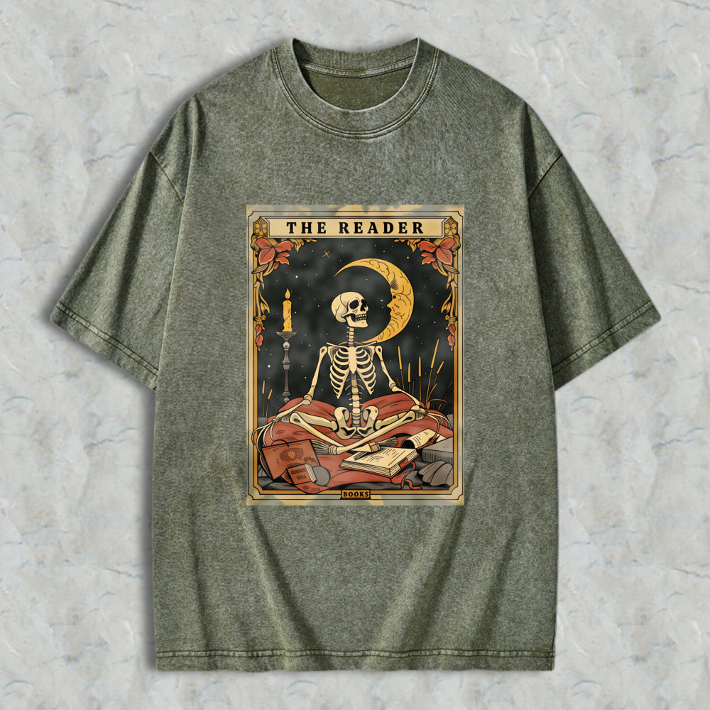 Wardrobecart Skeleton Reading Book Under Moonlight With Candle And Tarot Cards The Reader Unisex Washed T-shirt