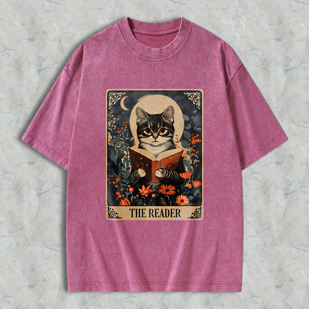 Wardrobecart Cat Reading Book With Flowers And Moon The Reader Unisex Washed T-shirt