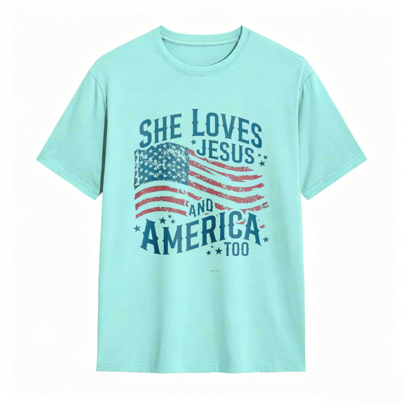 She Loves Jesus And America Too Women's Patriotic T-shirt