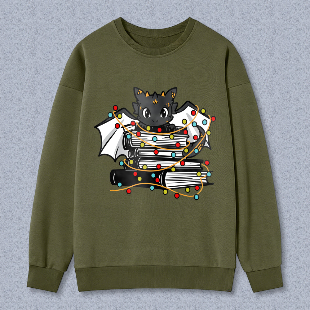 Wardrobecart Dragon On Books With Christmas Lights Unisex Classic Sweatshirt