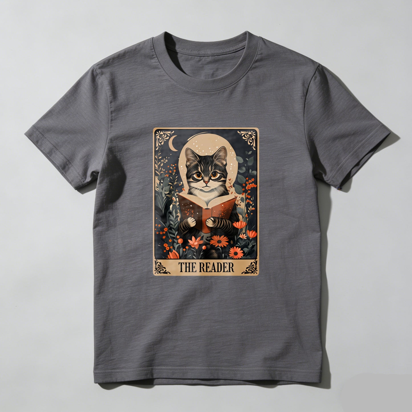 Wardrobecart Cat Reading Book Floral Moon Design Unisex Classic T-shirt