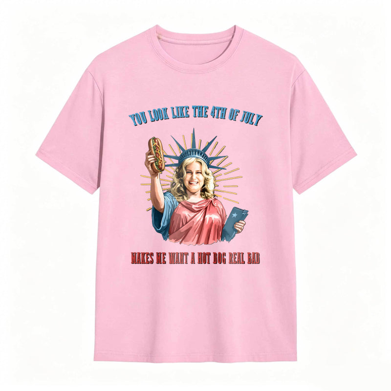 Statue Of Liberty Holding Hot Dog And Tablet With Fourth Of July Text T-shirt