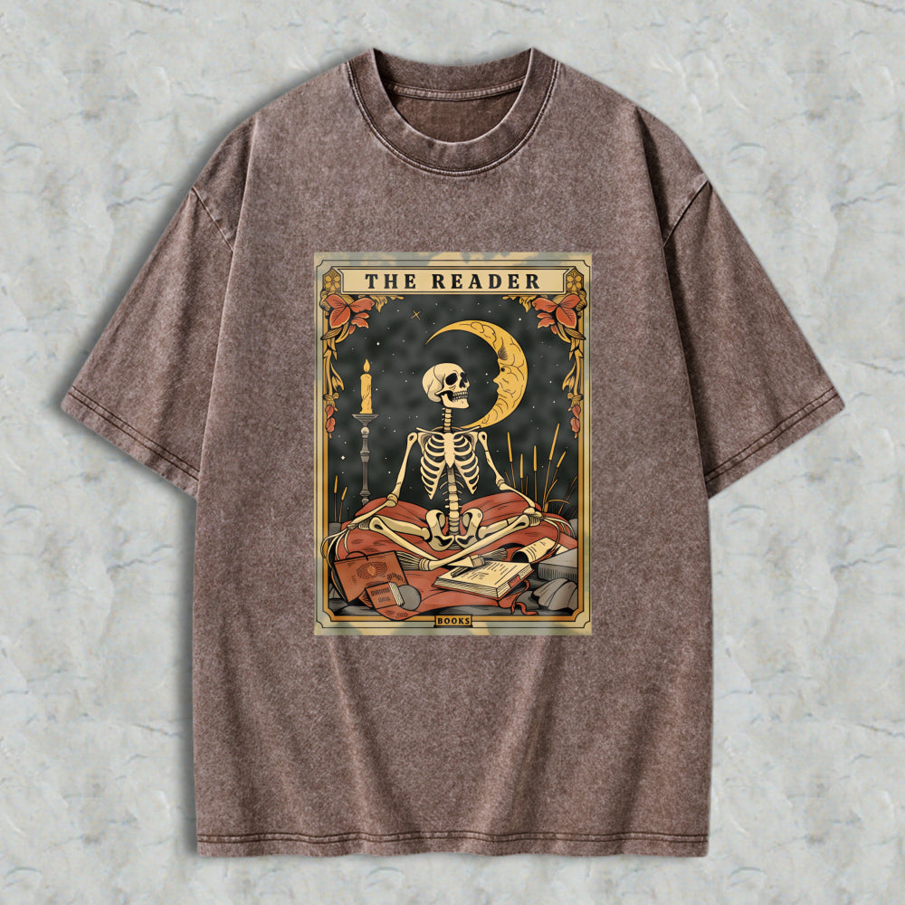 Wardrobecart Skeleton Reading Book Under Moonlight With Candle And Tarot Cards The Reader Unisex Washed T-shirt