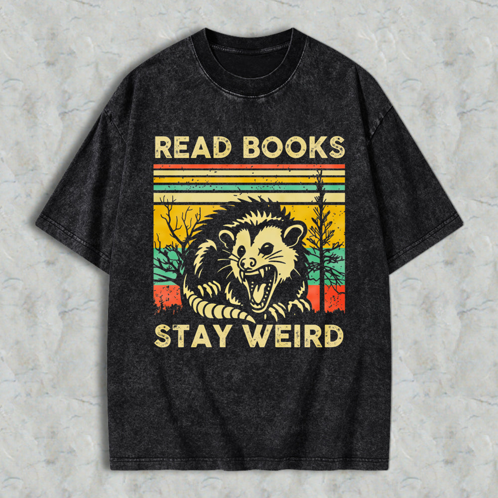 Wardrobecart Read Books Stay Weird Opossum Vintage Design Unisex Washed T-shirt