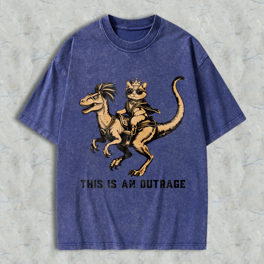 Wardrobecart Cat Riding Dinosaur With Crown And Sunglasses Unisex Washed T-shirt