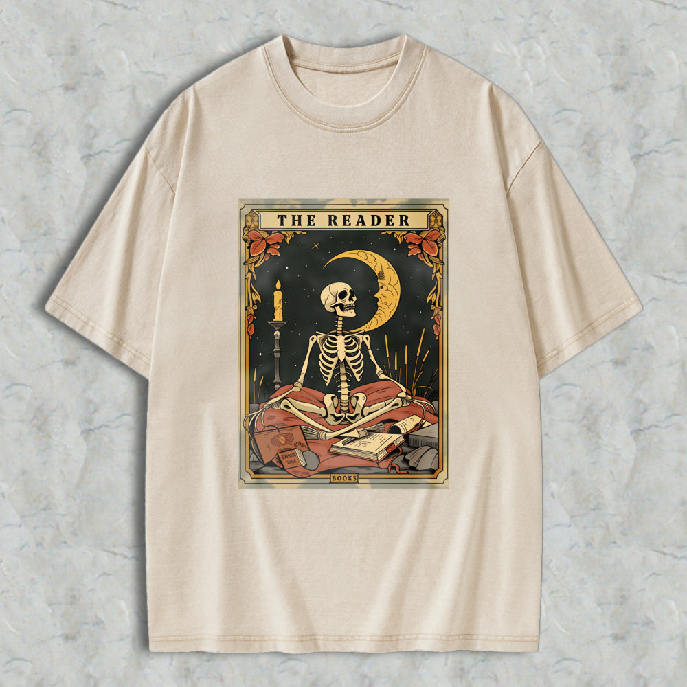 Wardrobecart Skeleton Reading Book Under Moonlight With Candle And Tarot Cards The Reader Unisex Washed T-shirt