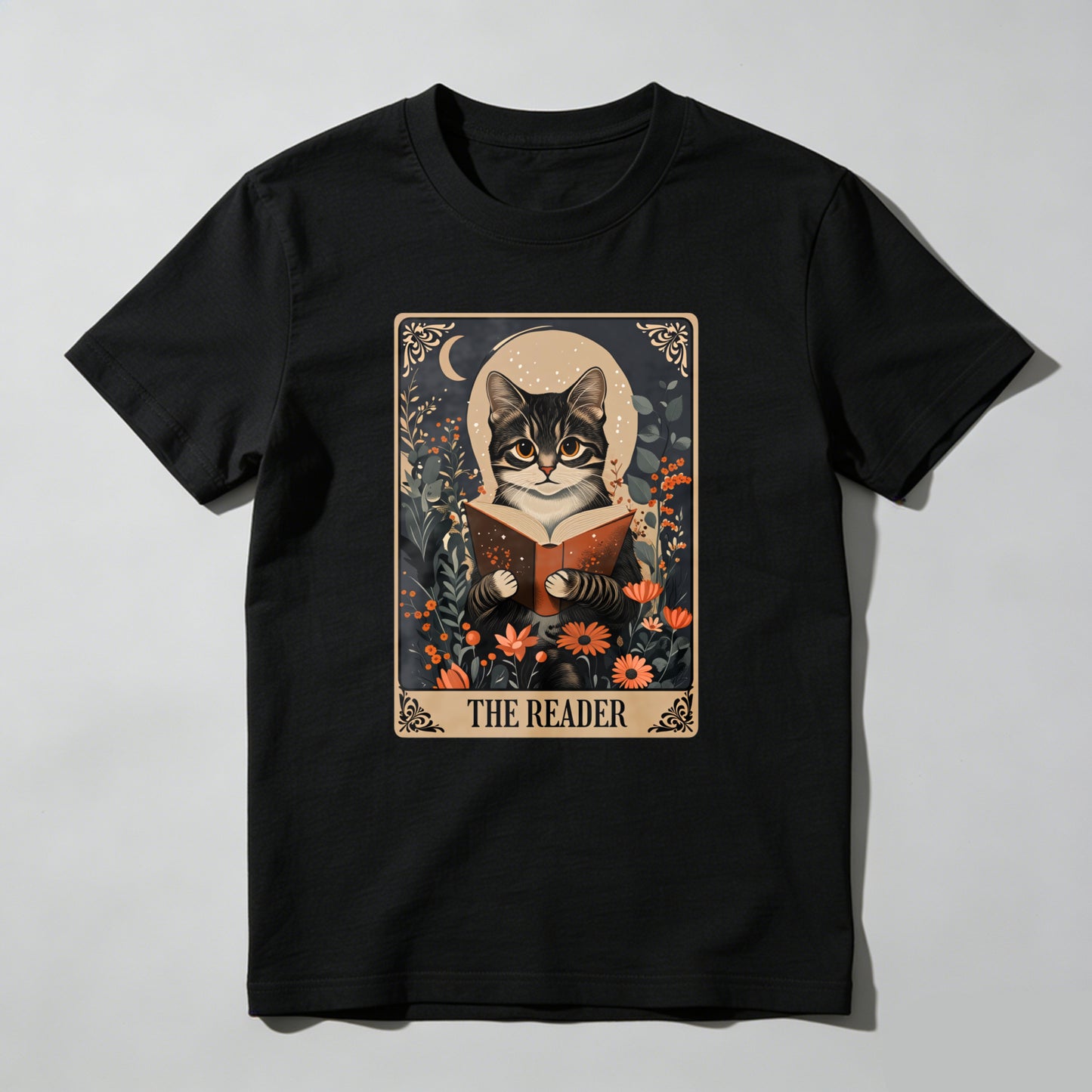 Wardrobecart Cat Reading Book Floral Moon Design Unisex Classic T-shirt