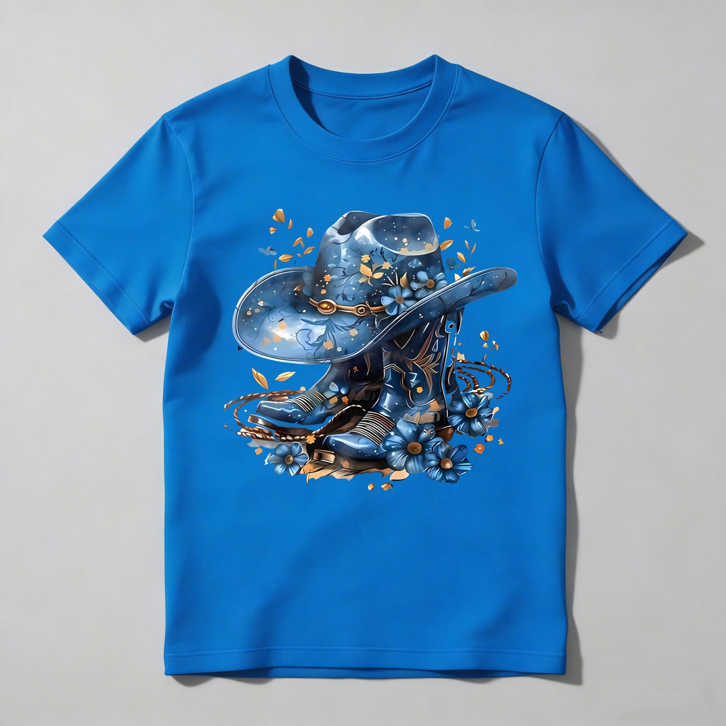 Western Hat And Boots With Blue Flowers T-shirt