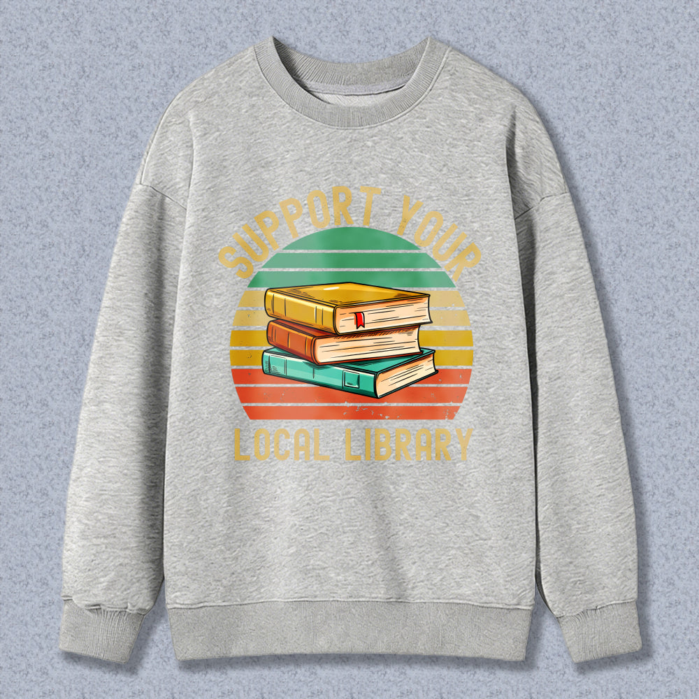 Wardrobecart Support Your Local Library Books Stack Vintage Sunburst Design Unisex Classic Sweatshirt