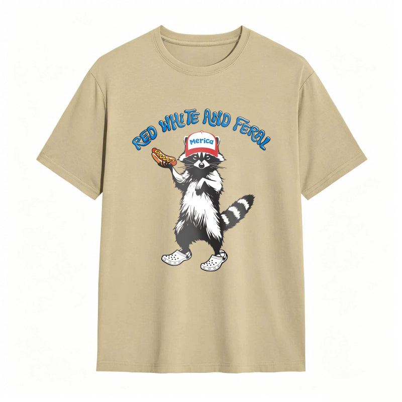 USA Red White Feral Racoon Vintage Hot Dog Party America Patriotic Racoon Tshirt