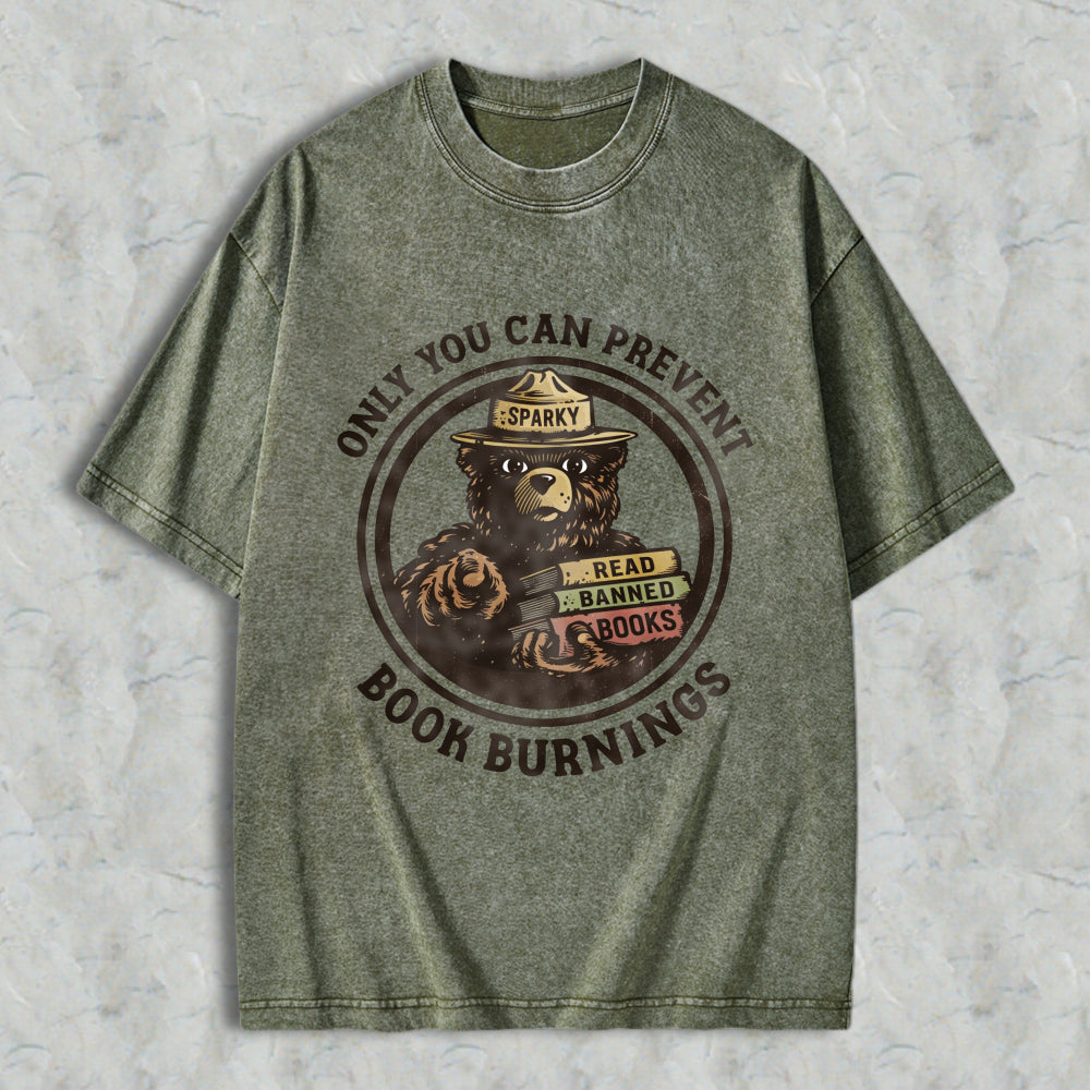 Wardrobecart Bear Reading Banned Books Sparky Ranger Hat Only You Can Prevent Book Burning Unisex Washed T-shirt