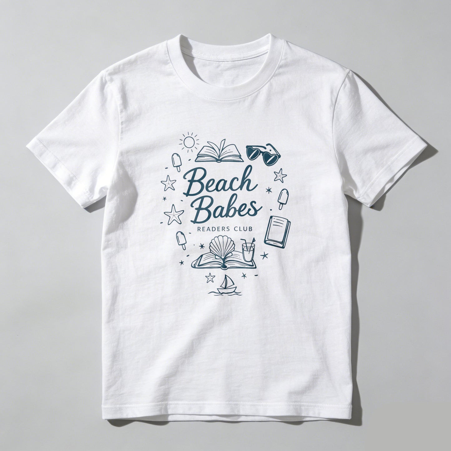 Wardrobecart Beach Babes Readers Club Book Sun Sunglasses Star Shell Boat Ice Cream Unisex Classic T-shirt 100% cotton