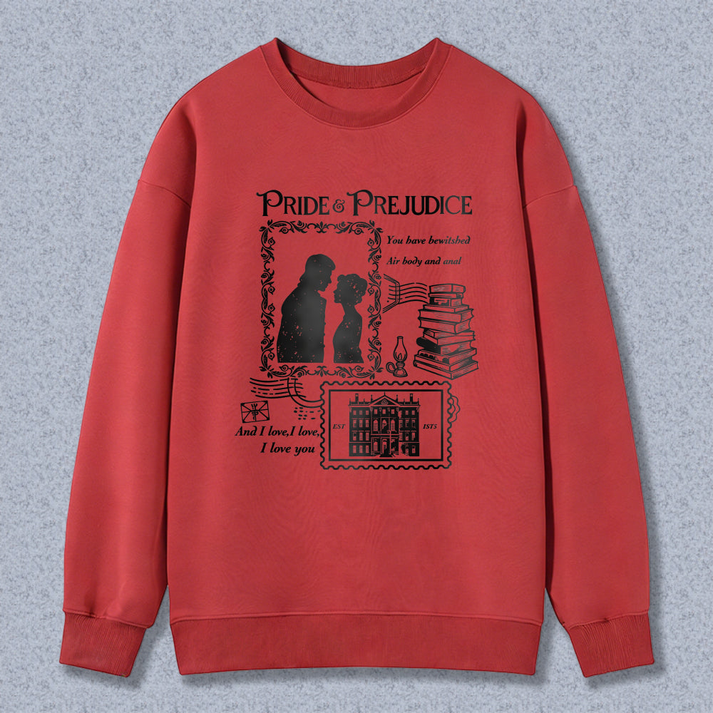 Wardrobecart Pride And Prejudice Book Quote With Couple Silhouette And Stack Of Books Unisex Classic Sweatshirt
