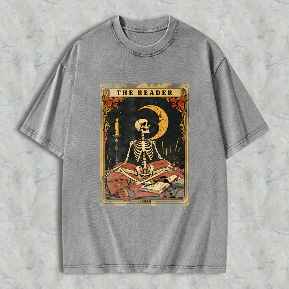Wardrobecart Skeleton Reading Book Under Moonlight With Candle And Tarot Cards The Reader Unisex Washed T-shirt