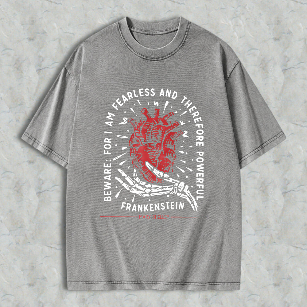 Wardrobecart Frankenstein Heart And Skeleton Hand Design With Quote From Mary Shelley Unisex Washed T-shirt
